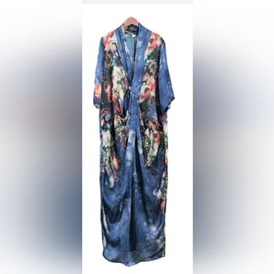 Buykud Floral Print Boho Blue  Kimono Cross Over Maxi Dress Size Medium Large